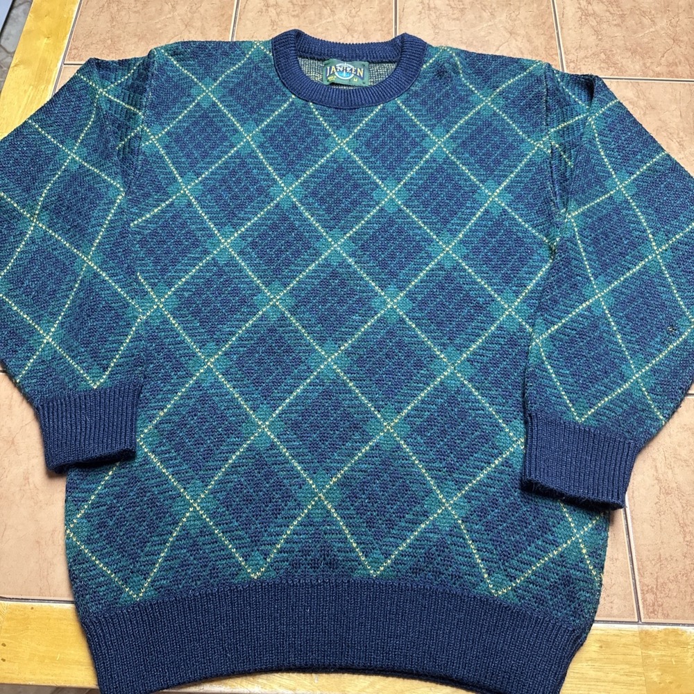 Vintage Jantzen Sweater Mens Sz Medium Green Blue Argyle Knit Pullover USA 90s‎